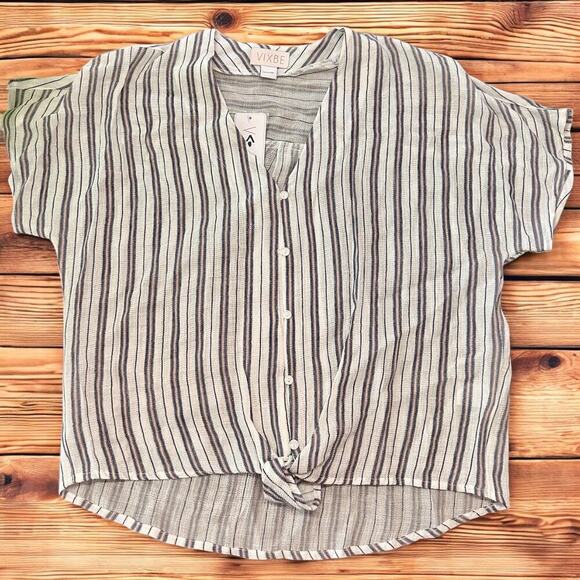 VIXBE Striped Button Front Tie Hem Blouse | Lightweight Casual Top - Picture 1 of 5